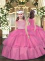 Sleeveless Organza Floor Length Zipper Little Girl Pageant Gowns in Pink with Beading and Ruffled Layers