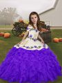 Excellent Purple Sleeveless Embroidery and Ruffles Floor Length Little Girls Pageant Dress Wholesale