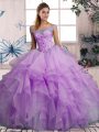 Enchanting Floor Length Lavender Quince Ball Gowns Off The Shoulder Sleeveless Lace Up