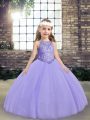 Wonderful Sleeveless Tulle Floor Length Lace Up Little Girl Pageant Dress in Lavender with Beading