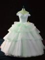 Sleeveless Organza Brush Train Lace Up Quinceanera Dress in Apple Green with Beading and Ruffled Layers