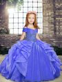 Cute Floor Length Blue Pageant Dress Toddler Organza Sleeveless Beading and Ruffles