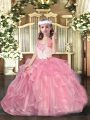 Low Price Organza Straps Sleeveless Lace Up Beading and Ruffles Little Girls Pageant Gowns in Pink