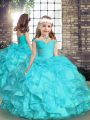 Perfect Aqua Blue Straps Neckline Beading and Ruffles Little Girls Pageant Dress Sleeveless Lace Up