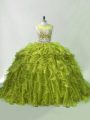Olive Green Two Pieces Scoop Sleeveless Organza Brush Train Zipper Beading and Ruffles Sweet 16 Quinceanera Dress