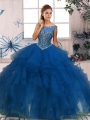 Perfect Blue Sleeveless Beading and Ruffles Floor Length Sweet 16 Quinceanera Dress