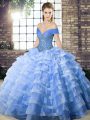 Blue Sweet 16 Dresses Organza Brush Train Sleeveless Beading and Ruffled Layers