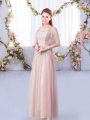 Fashionable Pink Tulle Side Zipper Scoop Short Sleeves Floor Length Vestidos de Damas Lace and Belt