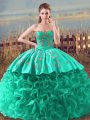 Turquoise Sweetheart Lace Up Embroidery and Ruffles Quinceanera Dress Brush Train Sleeveless