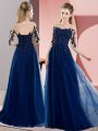 Navy Blue Half Sleeves Chiffon Lace Up Wedding Guest Dresses for Wedding Party