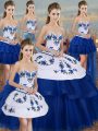 Cute Sleeveless Floor Length Embroidery and Bowknot Lace Up Quinceanera Dresses with Royal Blue