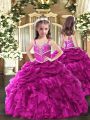 Sweet Fuchsia Ball Gowns Beading and Ruffles Little Girl Pageant Gowns Lace Up Organza Sleeveless Floor Length