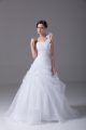White Organza Lace Up One Shoulder Sleeveless Bridal Gown Brush Train Hand Made Flower