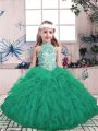 Dazzling Green Tulle Lace Up High-neck Sleeveless Floor Length Pageant Dress for Teens Beading and Ruffles