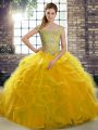 Tulle Sleeveless Sweet 16 Dress Brush Train and Beading and Ruffles