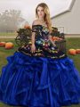 Blue And Black Sleeveless Embroidery and Ruffles Floor Length Quinceanera Gowns