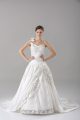 White A-line Spaghetti Straps Sleeveless Taffeta Brush Train Lace Up Lace and Embroidery and Hand Made Flower Bridal Gown