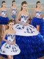 On Sale Royal Blue Ball Gowns Embroidery and Ruffled Layers and Bowknot Ball Gown Prom Dress Lace Up Organza Sleeveless Floor Length