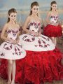 Sweetheart Sleeveless Sweet 16 Dress Floor Length Embroidery and Ruffles and Bowknot White And Red Organza