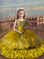 Brown Ball Gowns Satin and Organza Off The Shoulder Sleeveless Embroidery and Ruffled Layers Floor Length Lace Up Little Girl Pageant Gowns