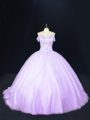 Lavender Sleeveless Tulle Court Train Lace Up Ball Gown Prom Dress for Sweet 16 and Quinceanera