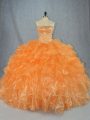 Strapless Sleeveless 15th Birthday Dress Floor Length Beading and Ruffles Orange Organza