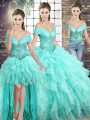 Off The Shoulder Sleeveless Quinceanera Gowns Brush Train Beading and Ruffles Aqua Blue Organza