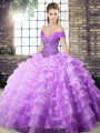 Brush Train Ball Gowns Quinceanera Dresses Lavender Off The Shoulder Organza Sleeveless Lace Up