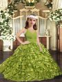 Cute Floor Length Olive Green Little Girls Pageant Dress Organza Sleeveless Ruffles