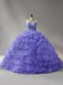 Custom Fit Lavender Ball Gowns Halter Top Sleeveless Organza Court Train Lace Up Beading and Pick Ups Ball Gown Prom Dress