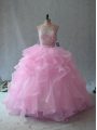 Sexy Pink Sleeveless Organza Backless 15 Quinceanera Dress for Sweet 16 and Quinceanera