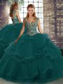 Affordable Peacock Green Lace Up 15th Birthday Dress Beading and Ruffles Sleeveless Floor Length