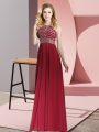 Scoop Sleeveless Runway Inspired Dress Floor Length Beading Burgundy Chiffon