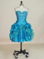 Sleeveless Taffeta Mini Length Lace Up Prom Party Dress in Teal with Beading and Pick Ups