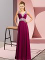 Fuchsia Lace Up V-neck Beading Prom Party Dress Chiffon Sleeveless