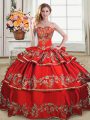 Red Ball Gowns Sweetheart Sleeveless Satin and Organza Floor Length Lace Up Embroidery and Ruffled Layers Sweet 16 Dress