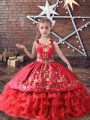 Red Ball Gowns Embroidery and Ruffled Layers Child Pageant Dress Lace Up Satin and Organza Sleeveless Floor Length