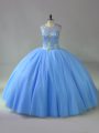 Suitable Floor Length Blue Quince Ball Gowns Scoop Sleeveless Lace Up