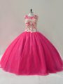 Hot Pink Sleeveless Appliques Floor Length Quinceanera Gown