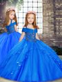 Tulle Straps Sleeveless Lace Up Beading Little Girls Pageant Gowns in Blue