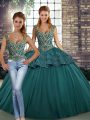 Green Two Pieces Tulle Straps Sleeveless Beading and Appliques Floor Length Lace Up Quince Ball Gowns
