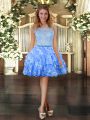 Mini Length Blue Celebrity Prom Dress Organza Sleeveless Lace and Ruffled Layers