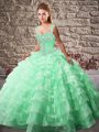 Fine Court Train Ball Gowns Quinceanera Gown Apple Green Straps Organza Sleeveless Lace Up