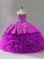 Fuchsia Ball Gowns Beading and Embroidery and Ruffles Sweet 16 Dresses Lace Up Organza and Fabric With Rolling Flowers Sleeveless