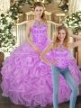 Top Selling Beading and Ruffles Ball Gown Prom Dress Lilac Lace Up Sleeveless Floor Length
