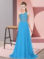 Pretty Blue Empire Beading Prom Dress Side Zipper Chiffon Sleeveless Floor Length