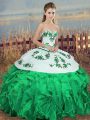 Artistic Organza Sleeveless Floor Length 15th Birthday Dress and Embroidery and Ruffles and Bowknot