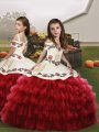 Custom Design Embroidery and Ruffled Layers Girls Pageant Dresses Red Lace Up Sleeveless Floor Length