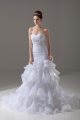 White Organza Lace Up Wedding Dresses Sleeveless Brush Train Beading and Ruffled Layers