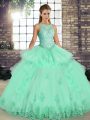 Custom Design Apple Green Lace Up Quinceanera Gown Lace and Embroidery and Ruffles Sleeveless Floor Length